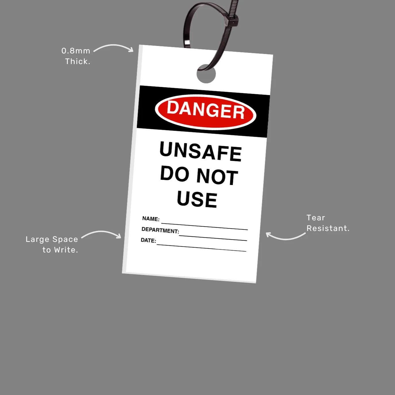 Danger Unsafe Do Not Use tag featuring callout of weather resistant properties and bold text for loto compliance