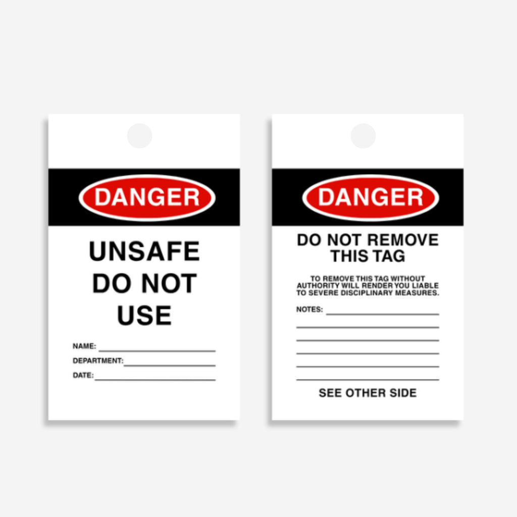 HDT 002 safety tag shown flat revealing 140 x 75mm dimensions with information fields and danger messaging
