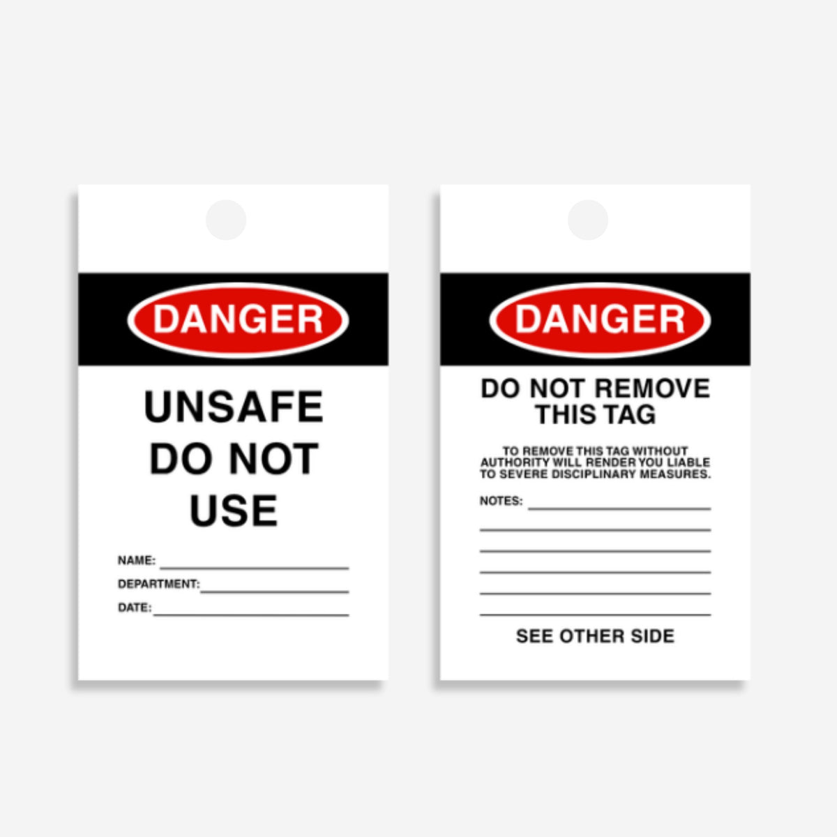 HDT 002 safety tag shown flat revealing 140 x 75mm dimensions with information fields and danger messaging