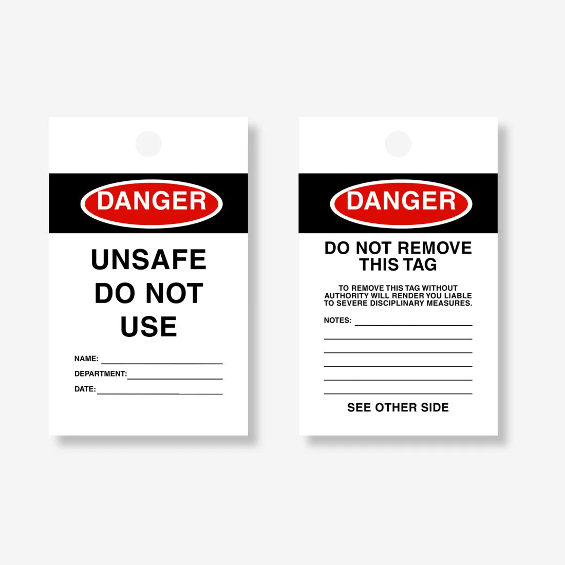 HDT 002 safety tag shown flat revealing 140 x 75mm dimensions with information fields and danger messaging