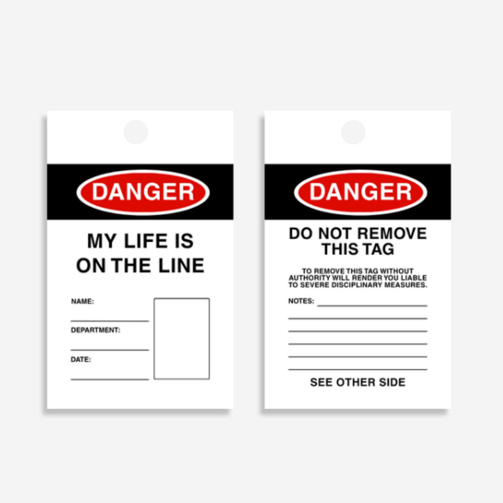 HDT 003 safety tag laid flat displaying 140 x 75mm size with worker identification fields and urgent danger warning