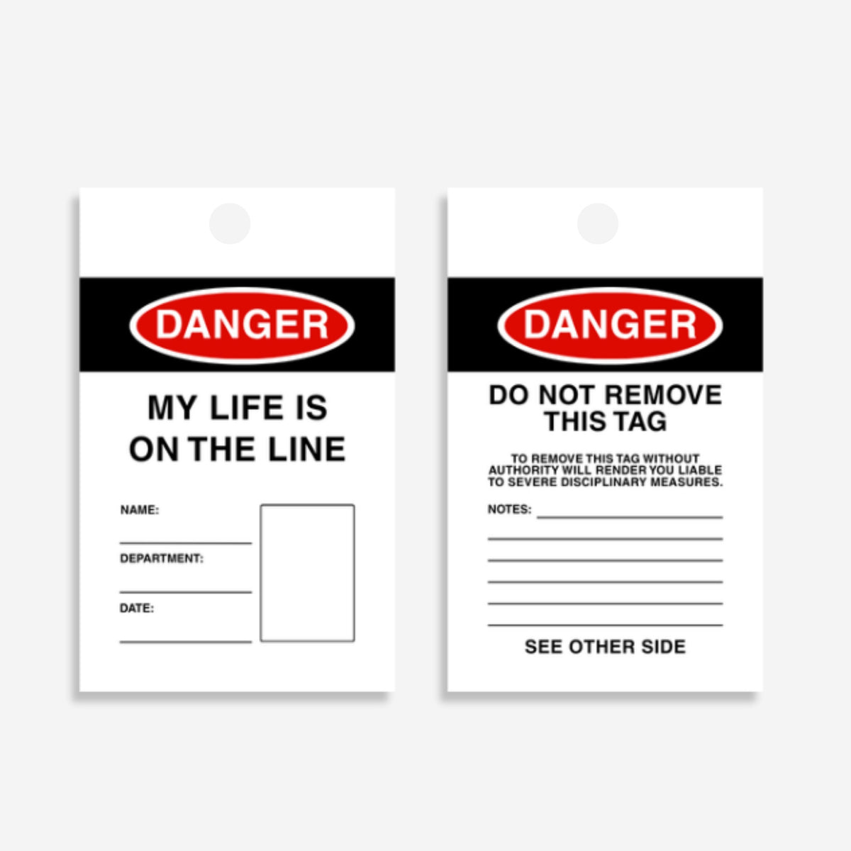 HDT 003 safety tag laid flat displaying 140 x 75mm size with worker identification fields and urgent danger warning