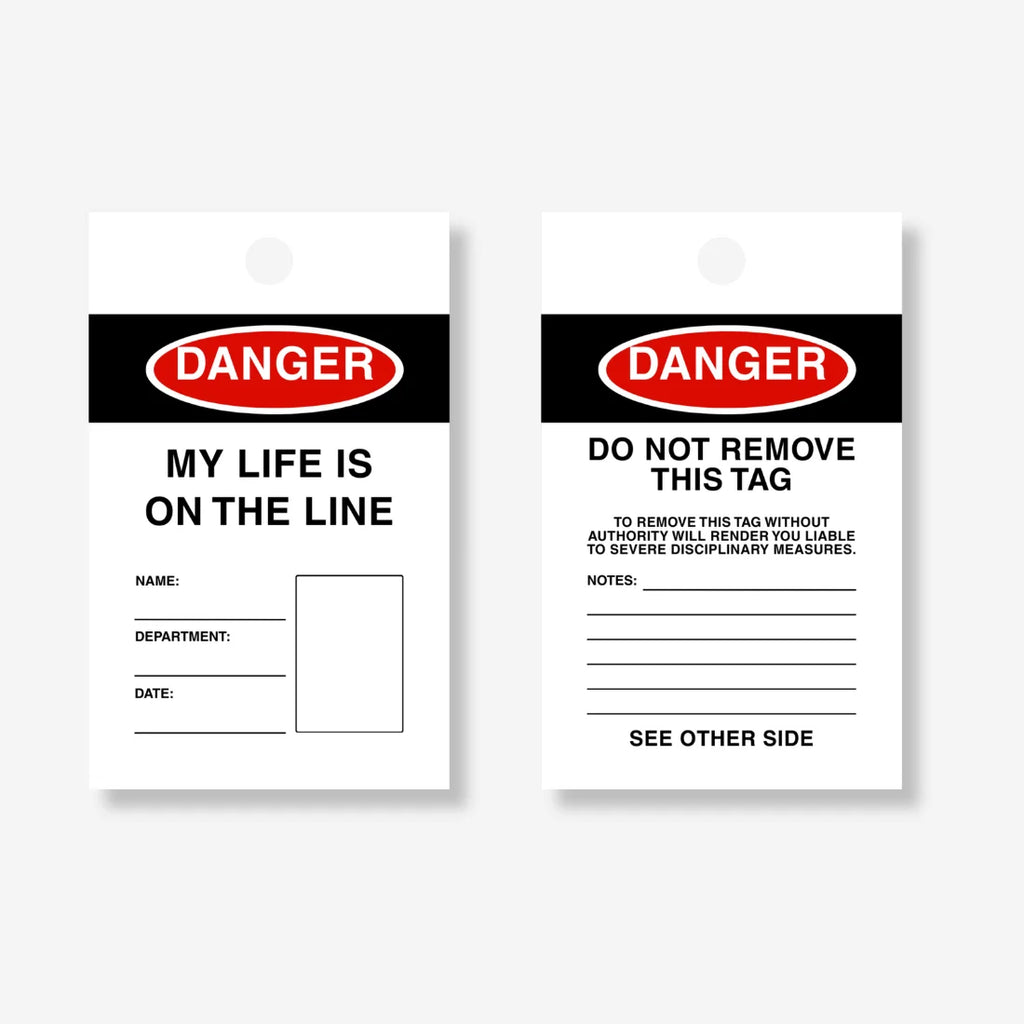 HDT 003 safety tag laid flat displaying 140 x 75mm size with worker identification fields and urgent danger warning
