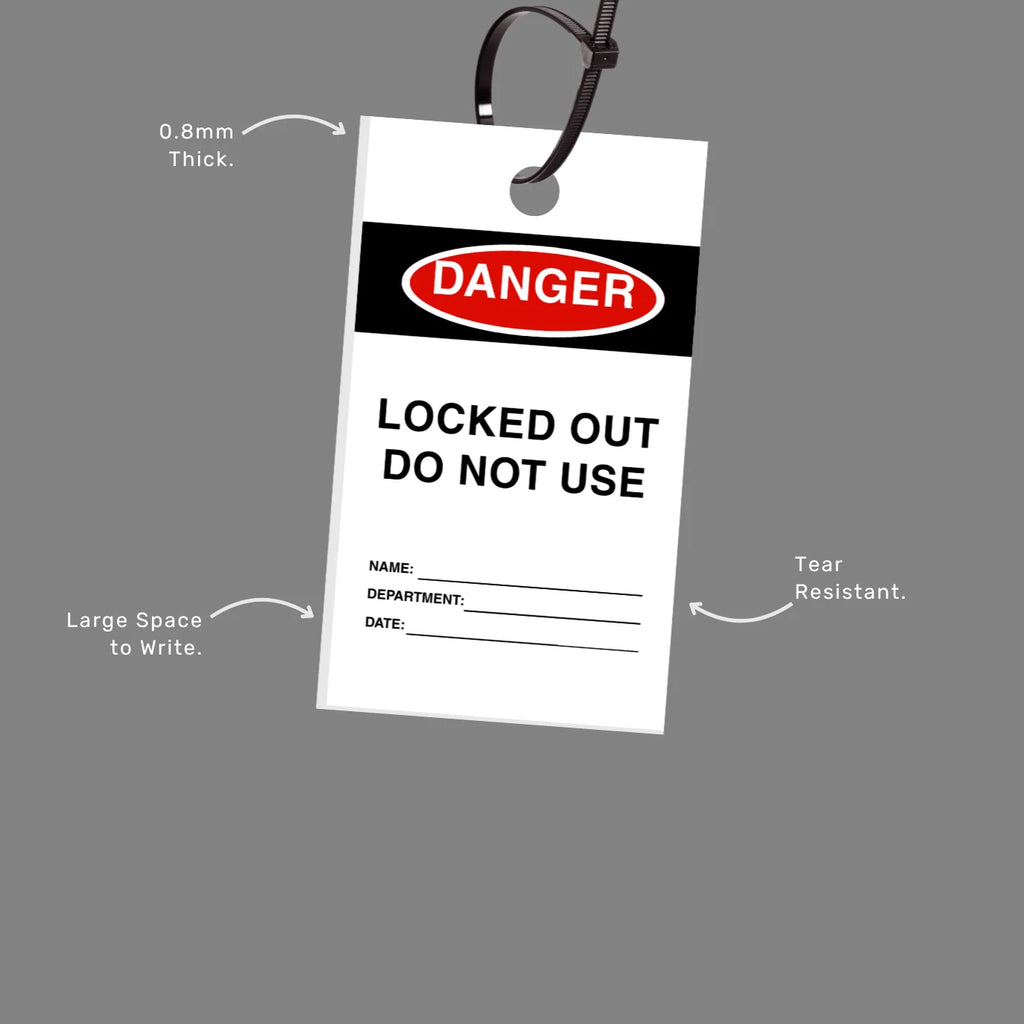 Danger Locked Out Do Not Use tag with callout featuring high visibility design and compatibility with padlock systems