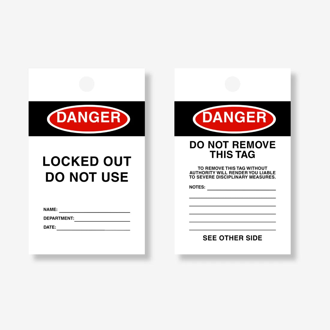 HDT 004 safety tag shown flat revealing 140 x 75mm dimensions with lockout information fields and danger text