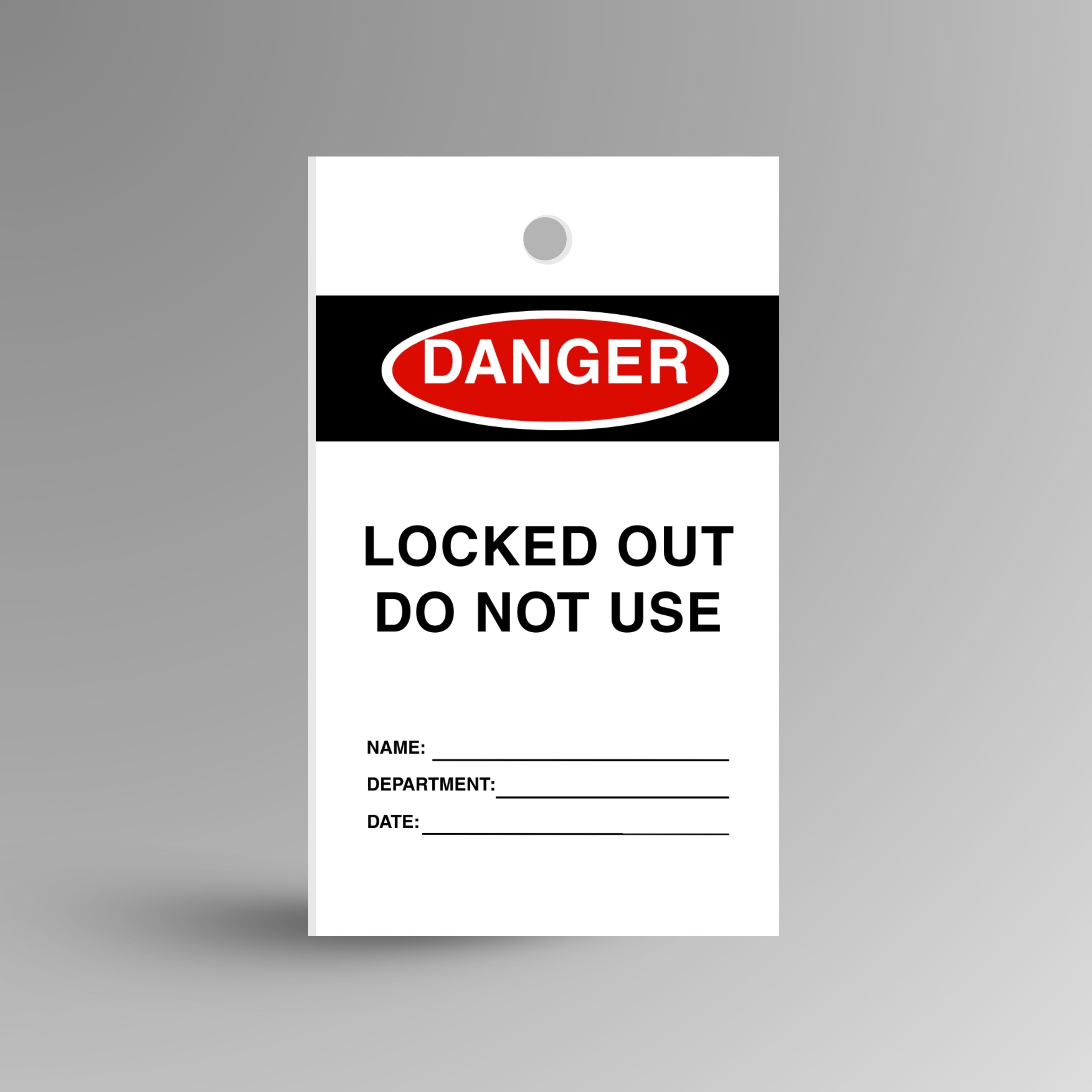 Red Danger Locked Out Do Not Use safety tag displayed upright with lockout warning and attachment point