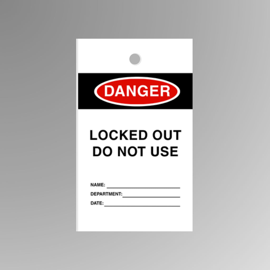 Red Danger Locked Out Do Not Use safety tag displayed upright with lockout warning and attachment point