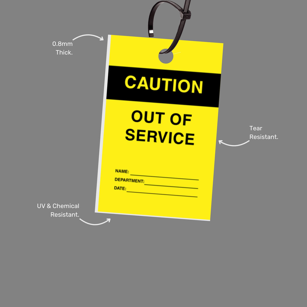 Caution Out of Service tag with callout highlighting clear status communication and tear resistant construction