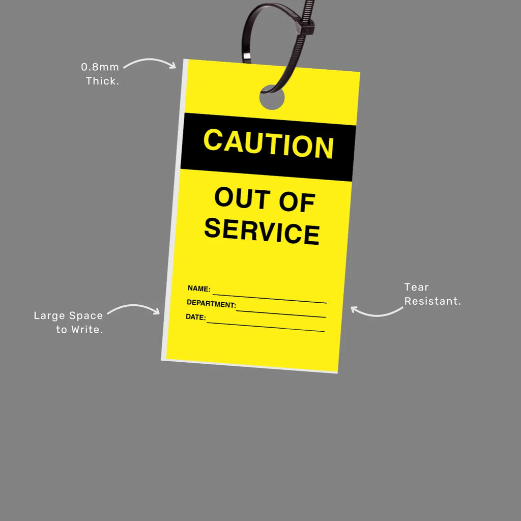 Caution Out of Service tag with callout highlighting clear status communication and tear resistant construction