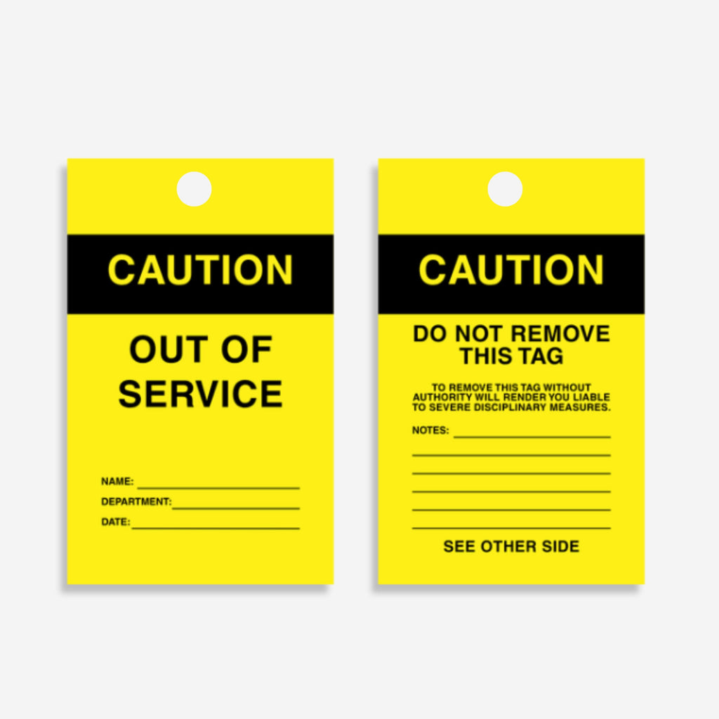 HDT 005 safety tag laid flat displaying 140 x 75mm dimensions with information fields and caution messaging