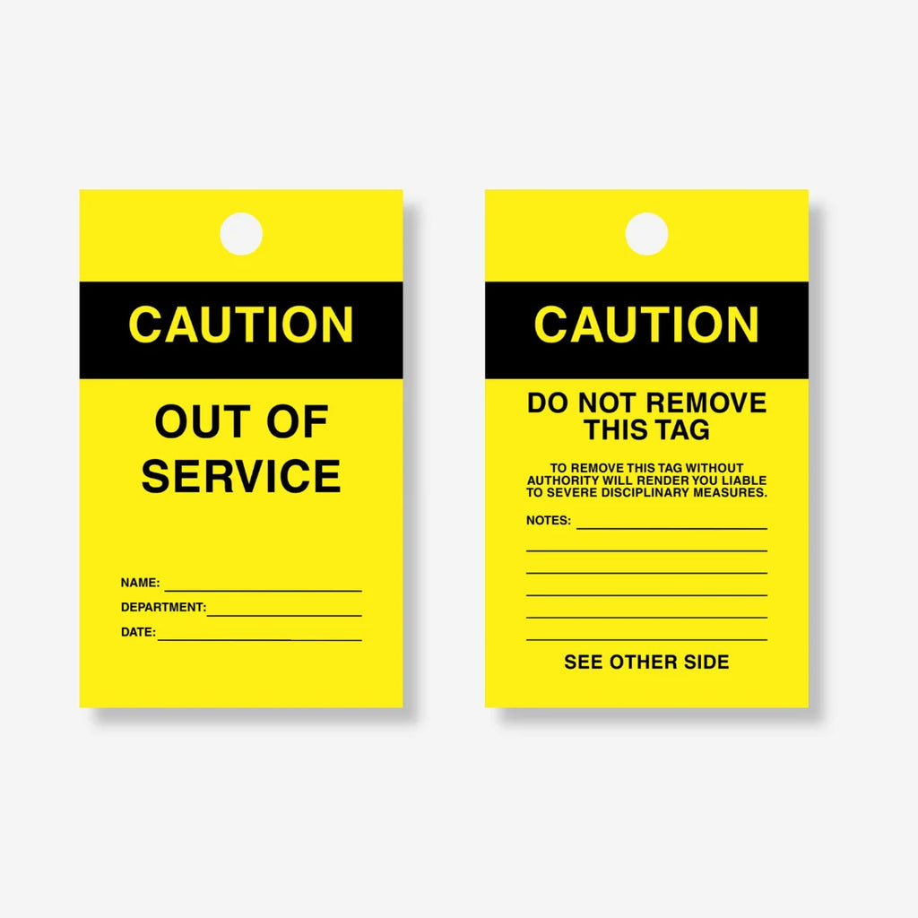 HDT 005 safety tag laid flat displaying 140 x 75mm dimensions with information fields and caution messaging