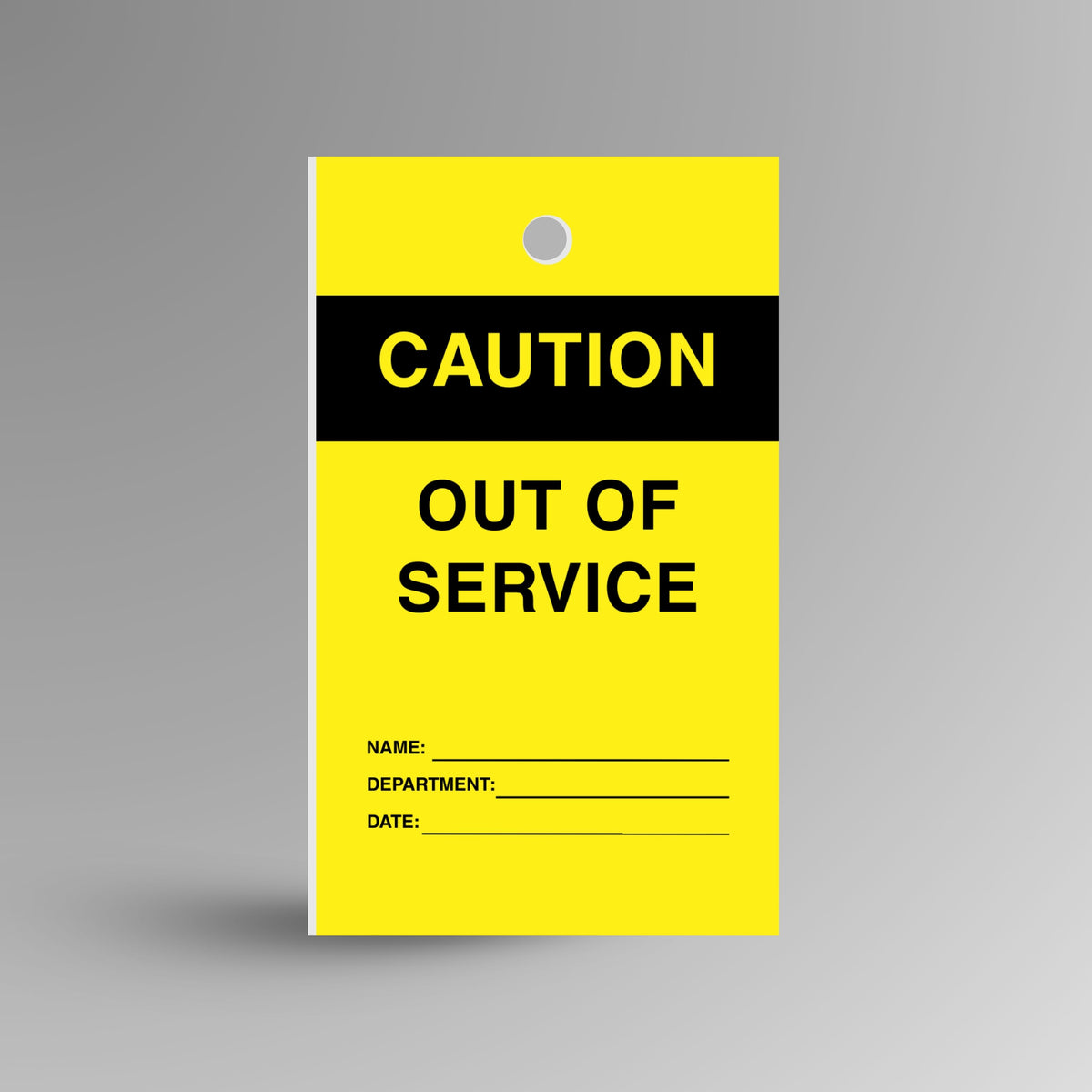 Yellow Caution Out of Service safety tag shown upright with warning message and attachment hole