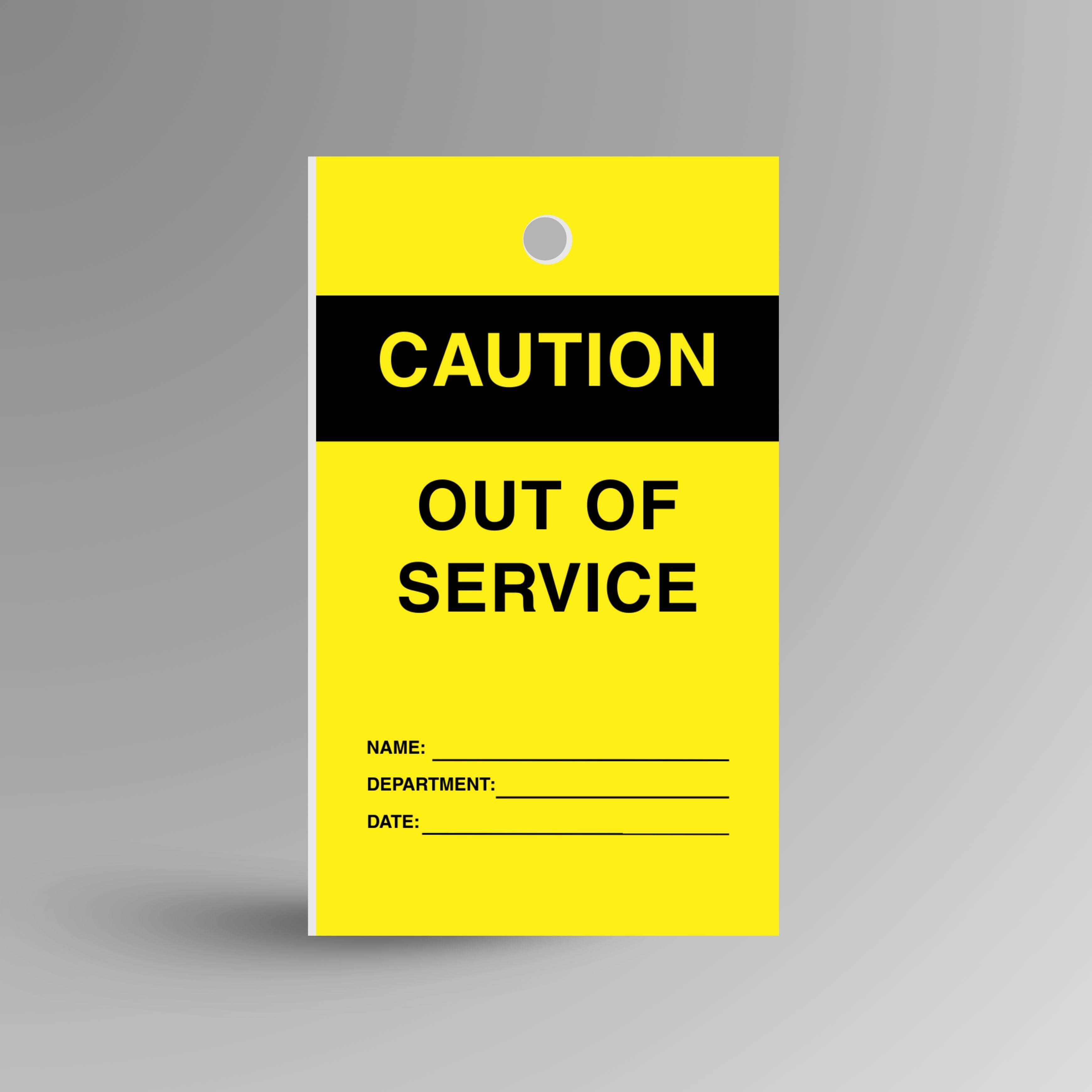 Yellow Caution Out of Service safety tag shown upright with warning message and attachment hole
