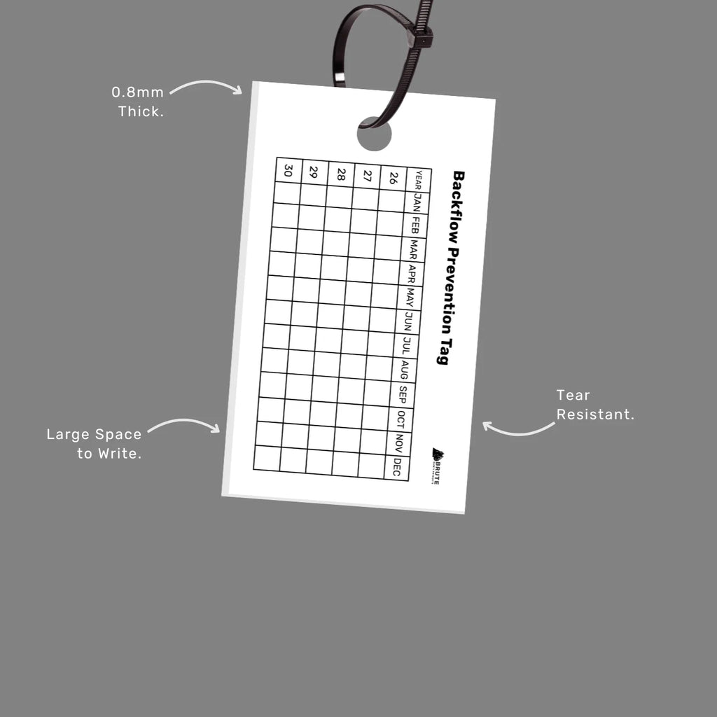 Backflow Prevention tag with callout featuring compliance tracking fields and weather resistant properties for outdoor installations