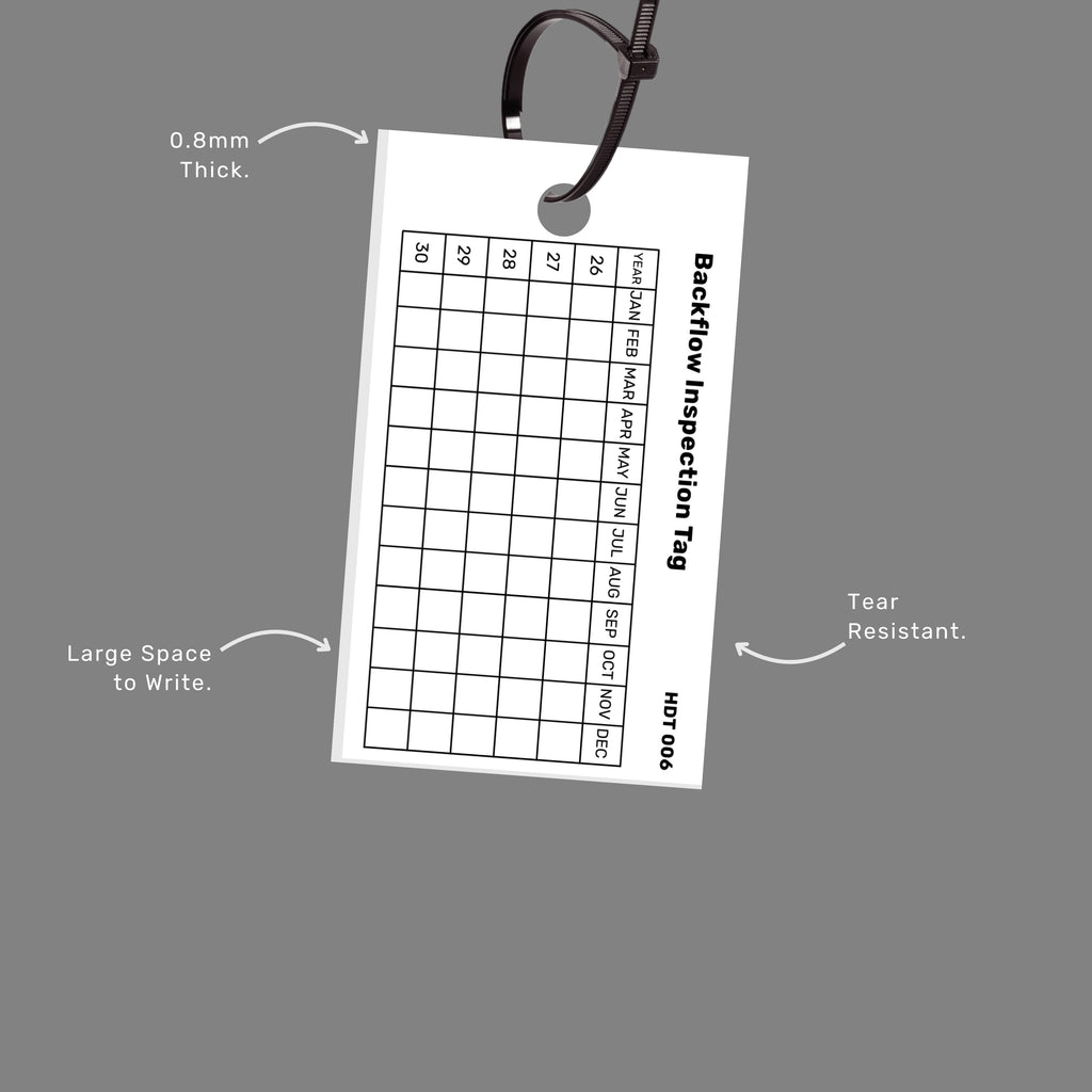 Backflow Prevention tag with callout featuring compliance tracking fields and weather resistant properties for outdoor installations