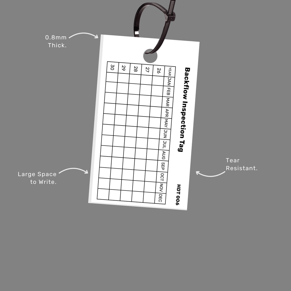 Backflow Prevention tag with callout featuring compliance tracking fields and weather resistant properties for outdoor installations