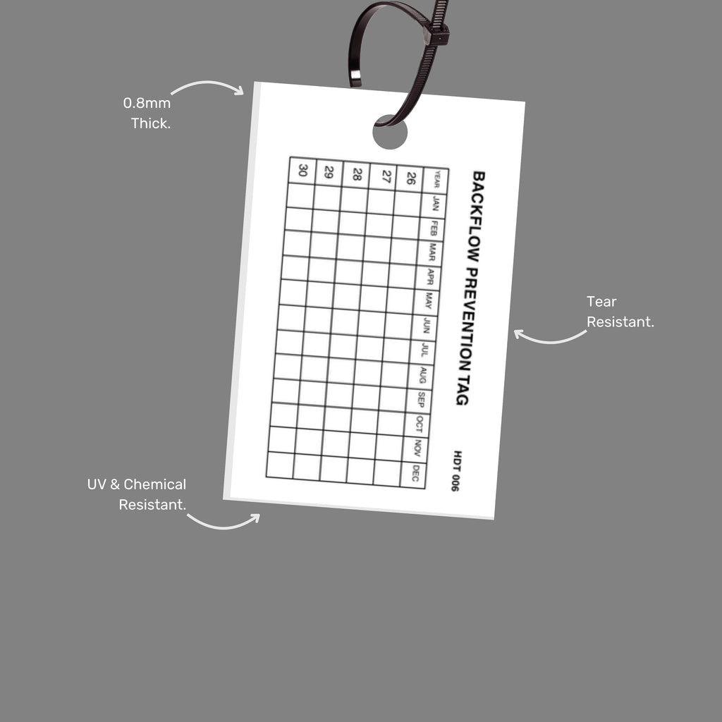 Backflow Prevention tag with callout featuring compliance tracking fields and weather resistant properties for outdoor installations