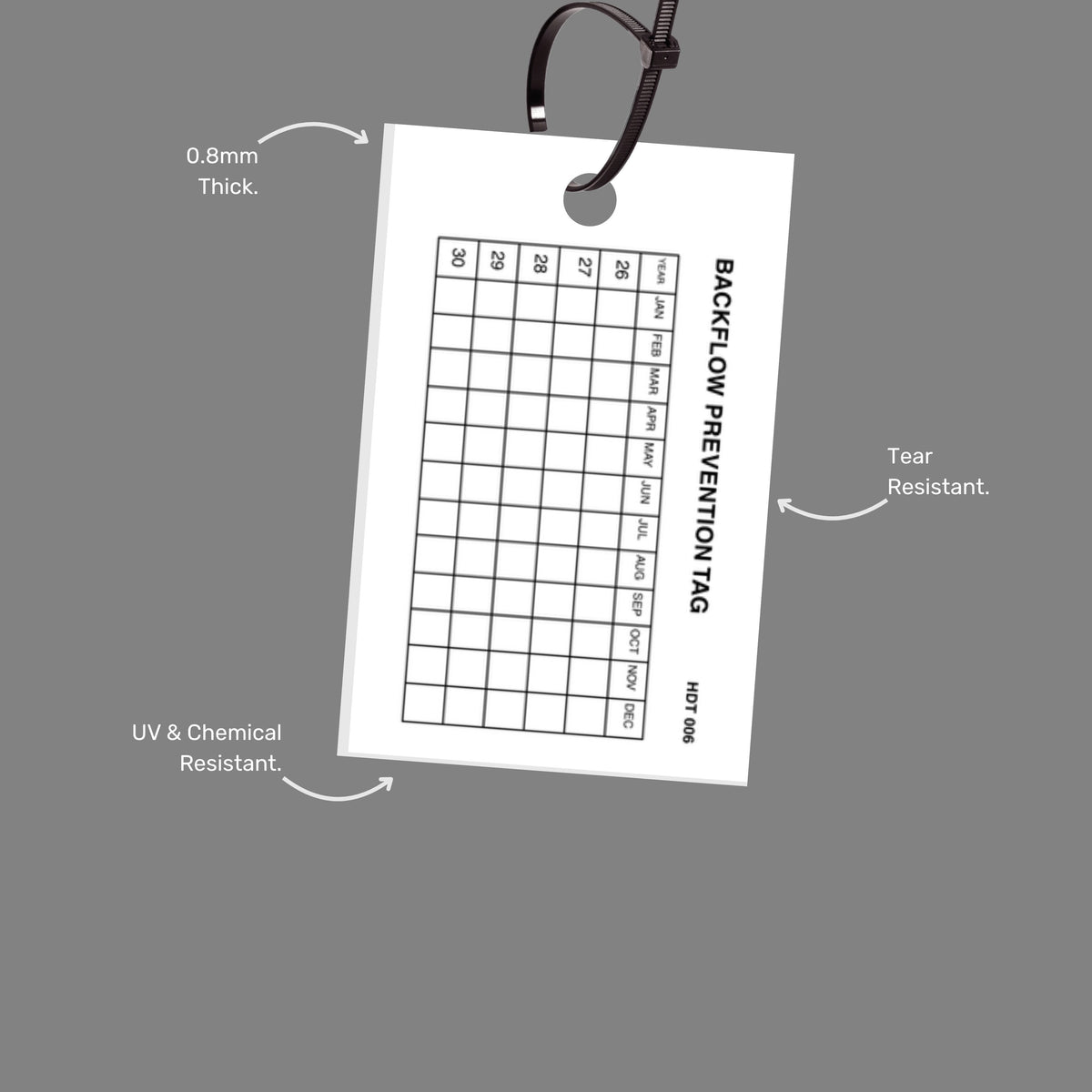 Backflow Prevention tag with callout featuring compliance tracking fields and weather resistant properties for outdoor installations