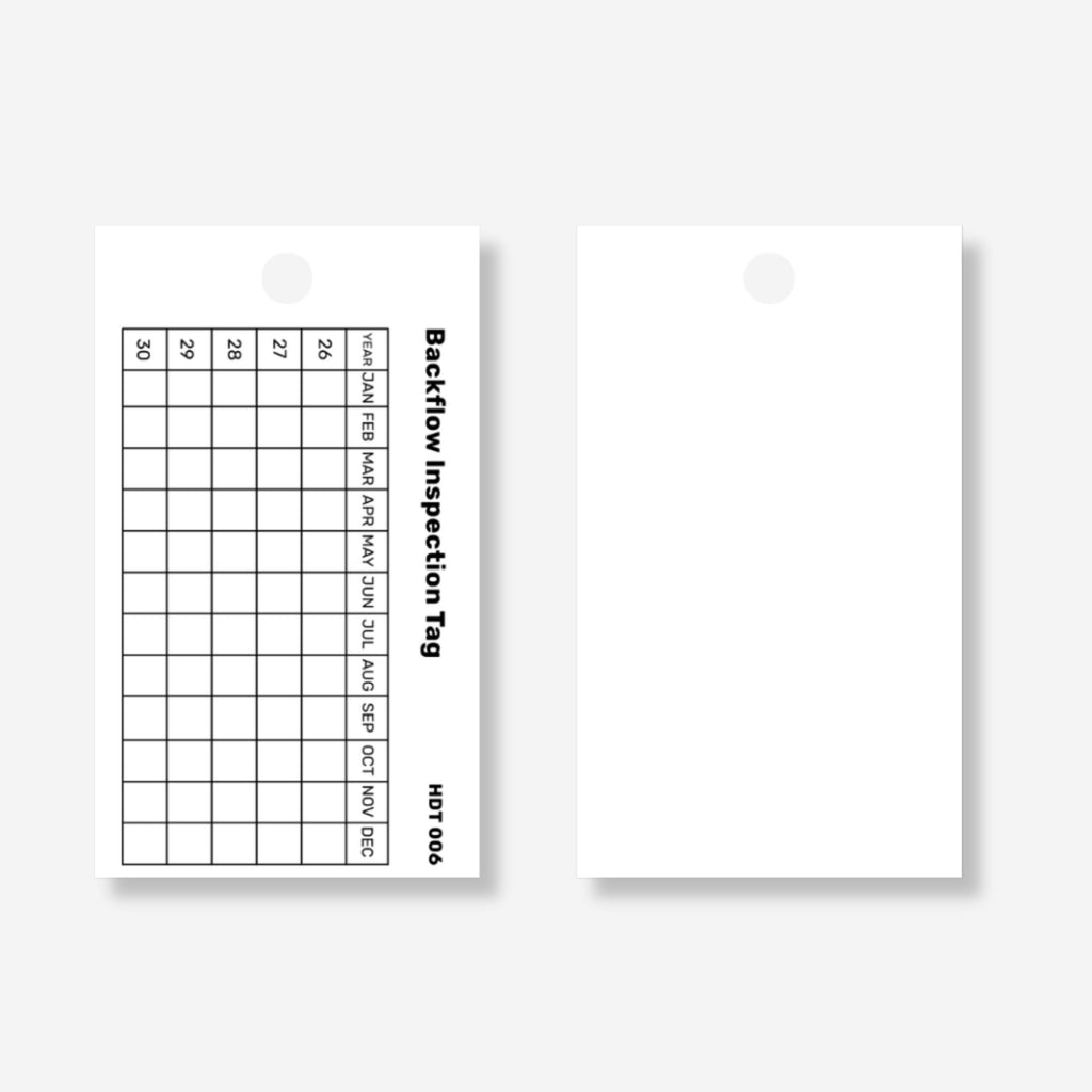 Backflow Prevention tag with callout featuring compliance tracking fields and weather resistant properties for outdoor installations