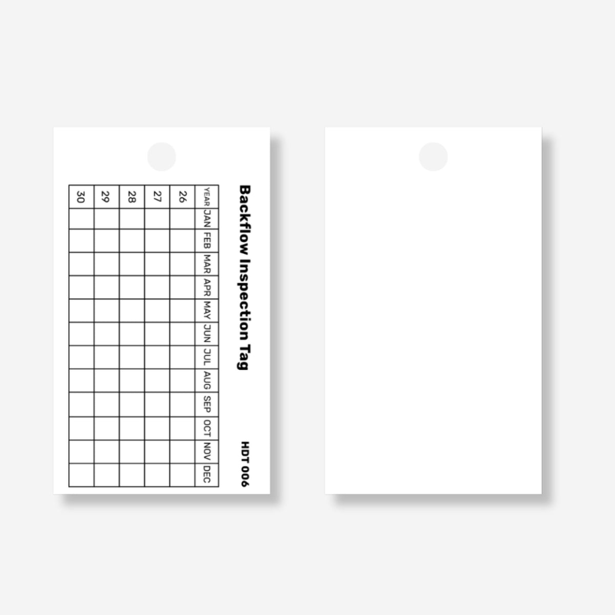 Backflow Prevention tag with callout featuring compliance tracking fields and weather resistant properties for outdoor installations