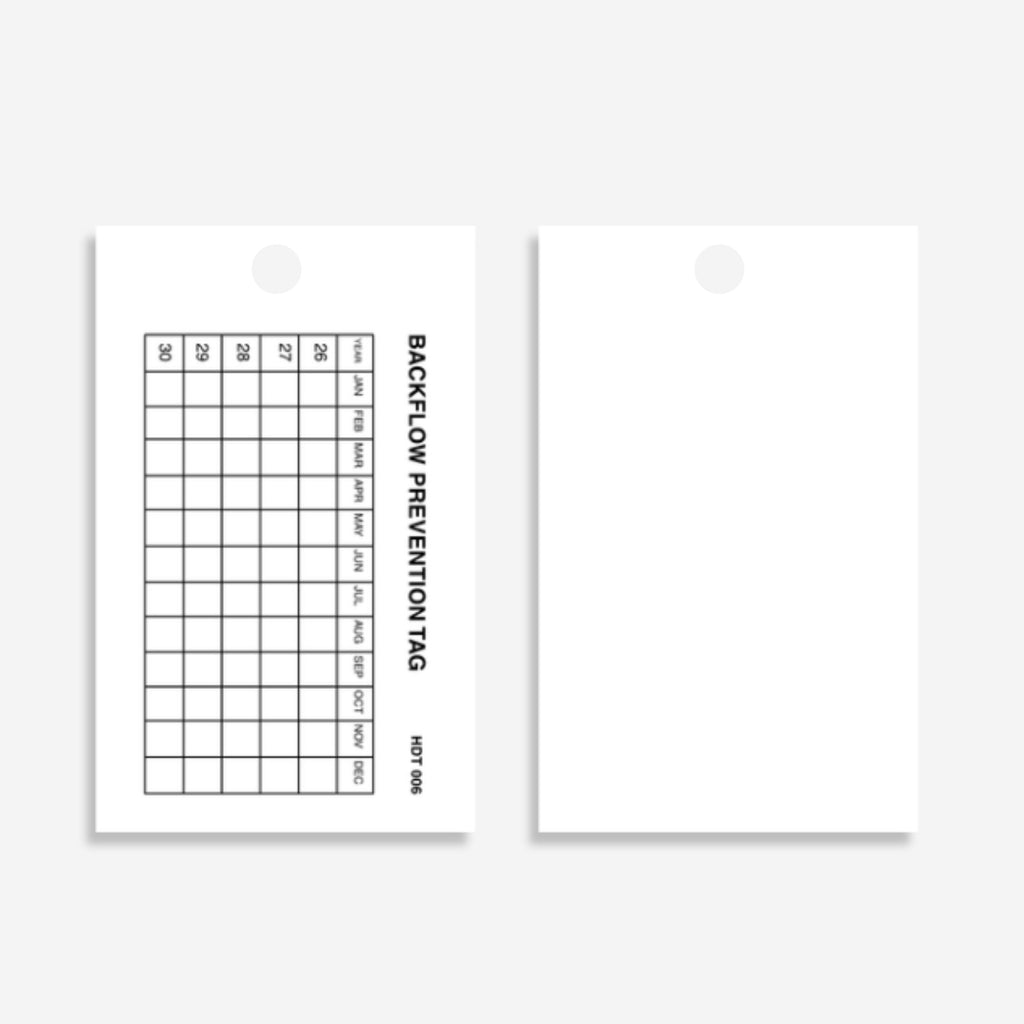 HDT 006 tag shown flat revealing compact 100 x 60mm dimensions with testing date fields and certification details