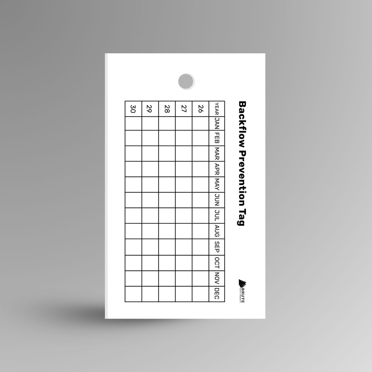 White Backflow Prevention tag displayed upright showing compliance information fields and attachment point
