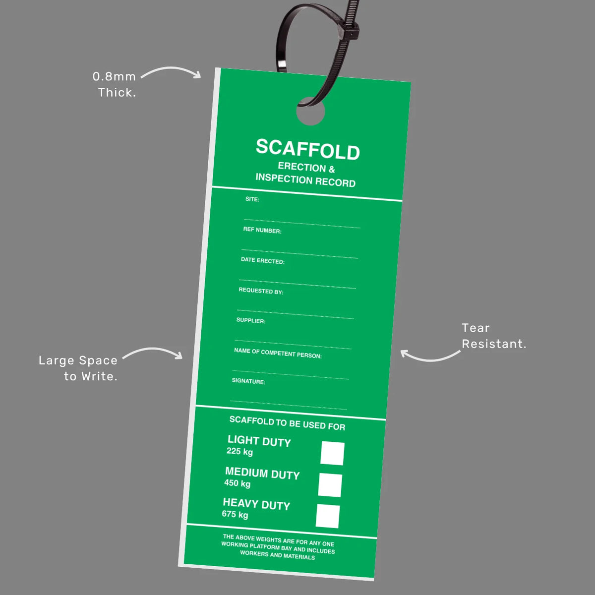 Heavy Duty Scaffolding tag with callout highlighting weather proof construction, ground level visibility and comprehensive inspection tracking system
