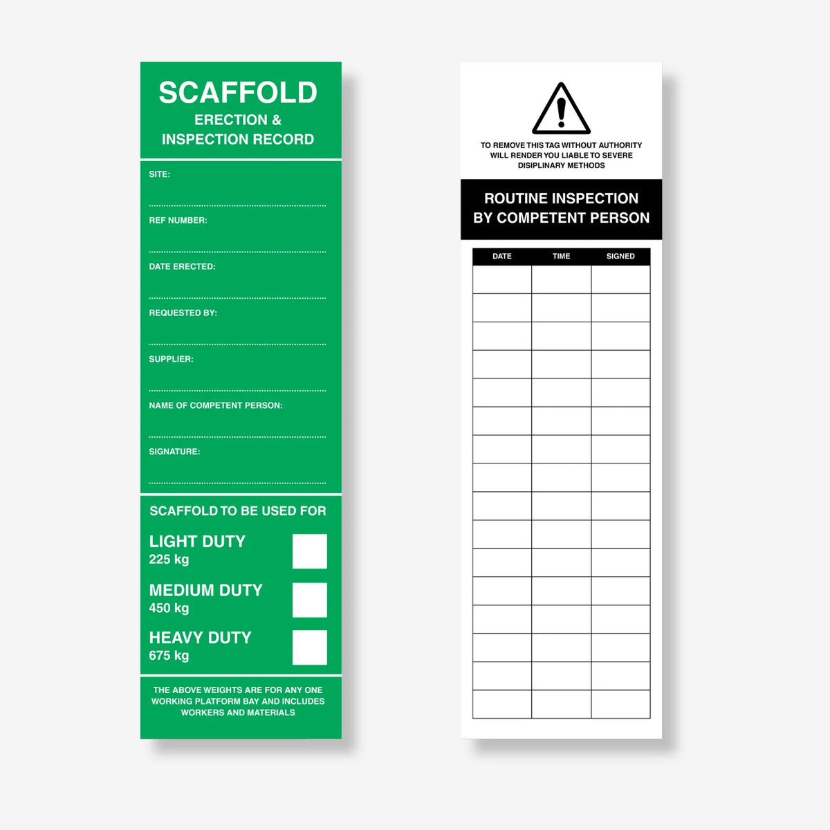 HDT 007 scaffolding tag laid flat showing large 205 x 85mm dimensions with inspection checklist, load rating fields and colour coded zones