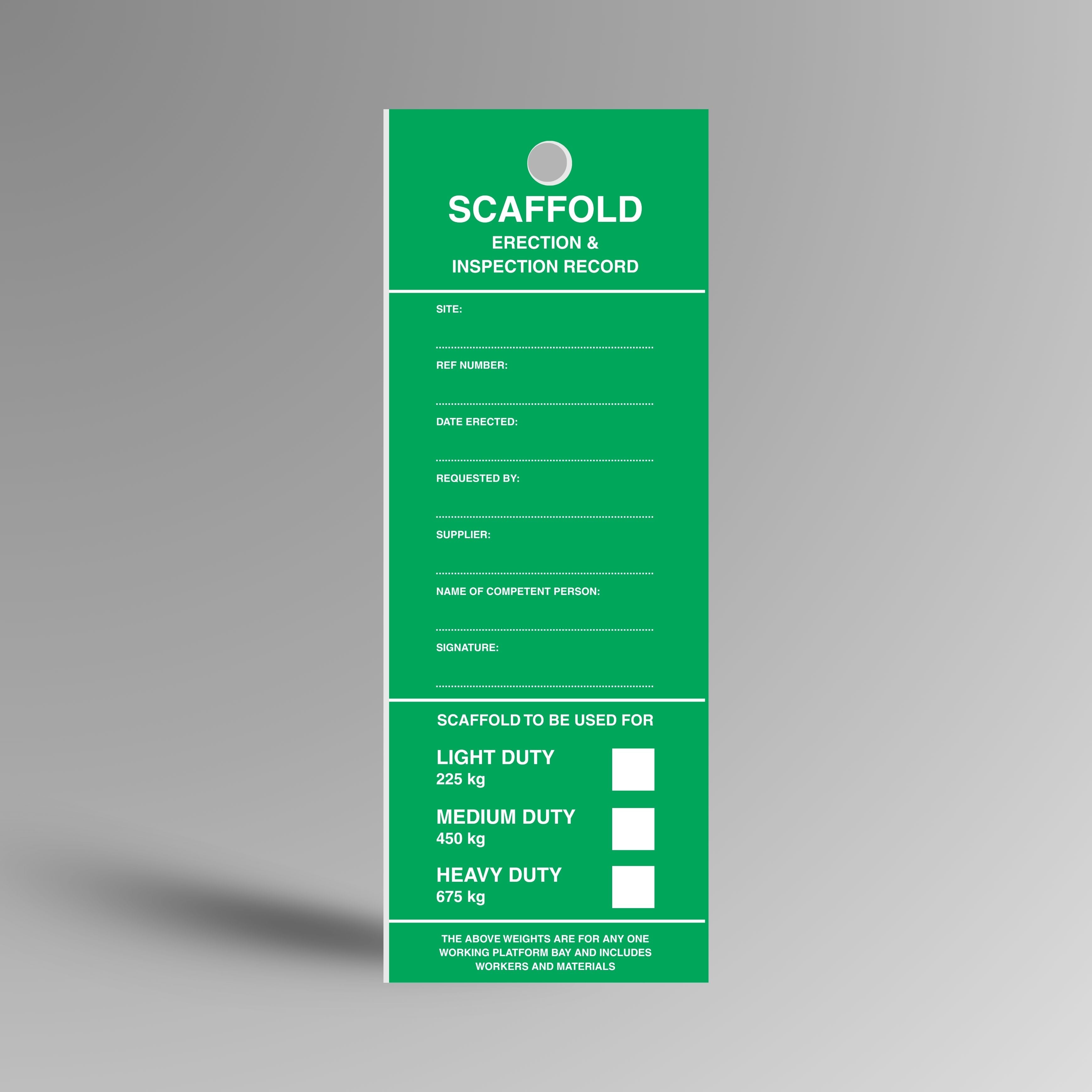 Green Heavy Duty Scaffolding tag shown upright displaying inspection status sections and attachment point