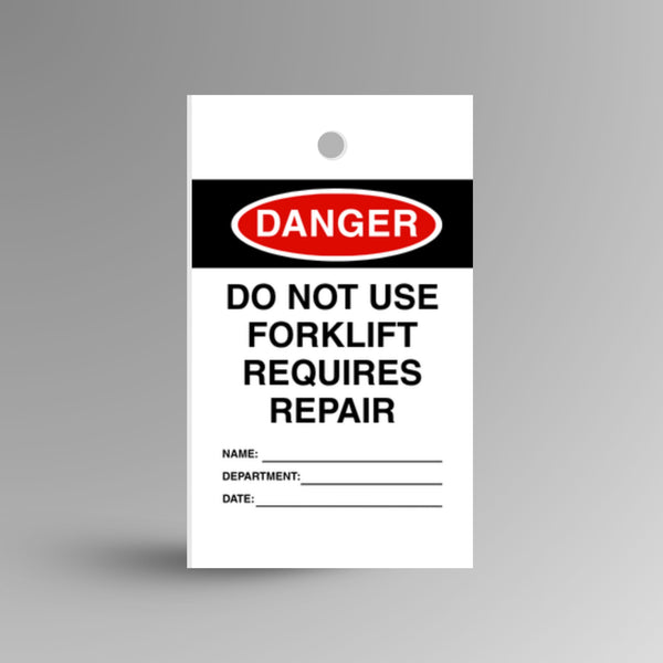 HDT 008 Forklift Repair Tag standing upright showing red and white front face with Danger Do Not Use warning text and Brute Safety Products branding