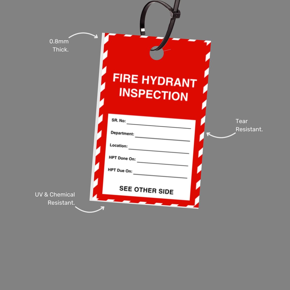 Close up of Fire Hydrant Inspection Tag highlighting monthly inspection grid, 0.8mm heavy duty PVC material, 8mm hole and 50 tags per pack