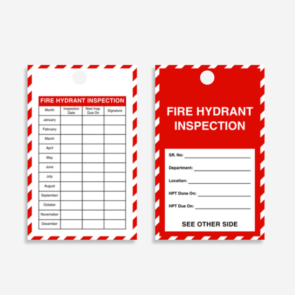 Fire Hydrant Inspection Tag laid flat showing front and back faces with monthly inspection record grid, 8mm hole and 75 x 140mm heavy duty PVC construction