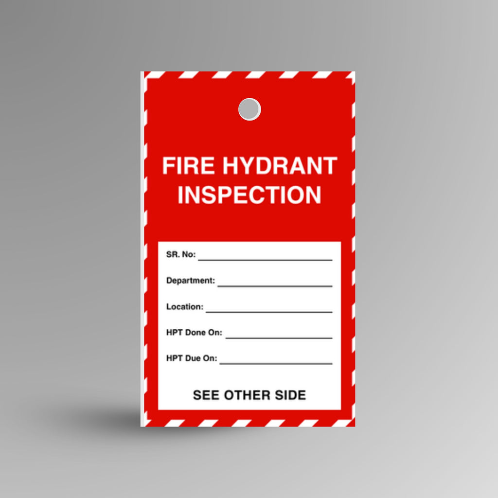 HDT 009 Fire Hydrant Inspection Tag standing upright showing red and white front face with fire extinguisher graphic and inspection record fields