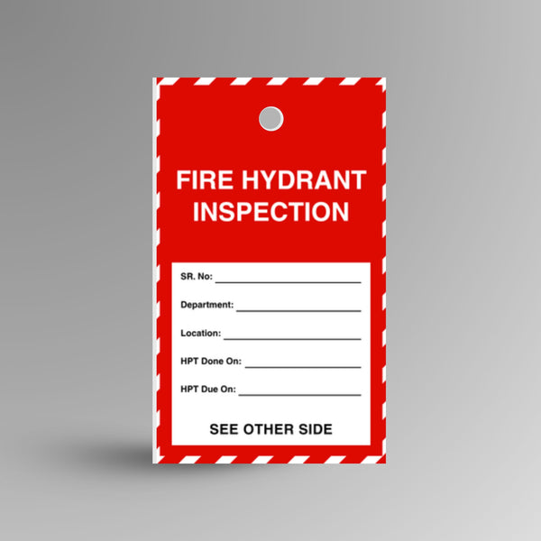 HDT 009 Fire Hydrant Inspection Tag standing upright showing red and white front face with fire extinguisher graphic and inspection record fields