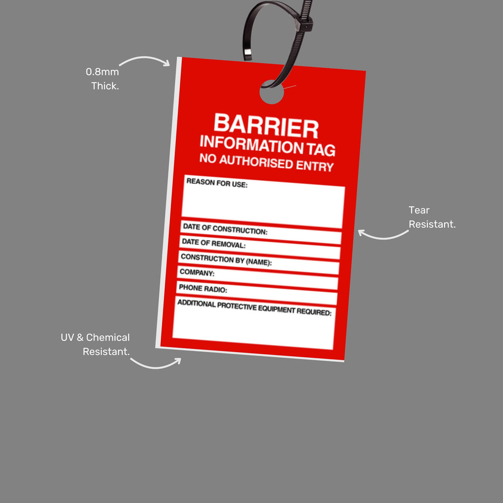 Close up of Barrier Tag highlighting writable information fields, No Unauthorised Entry warning, 0.8mm heavy duty PVC material and 50 tags per pack