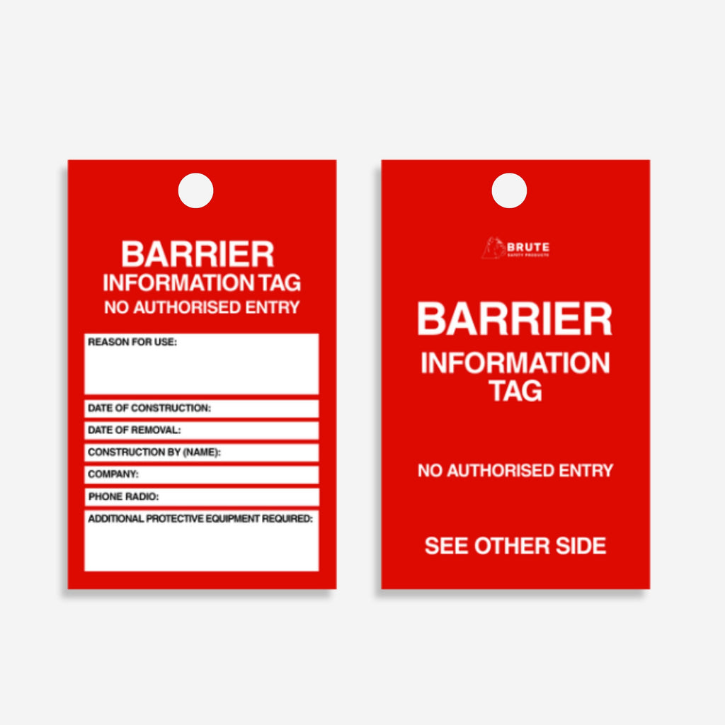 Barrier Tag laid flat showing full front face with reason for use, construction dates, contractor name, company and PPE required fields, 8mm hole and 75 x 140mm heavy duty PVC format