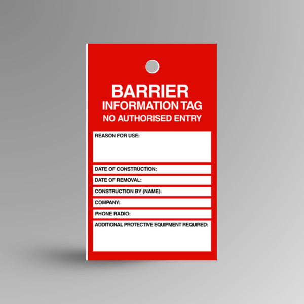 HDT 010 Barrier Tag standing upright showing red front face with Barrier Information Tag No Unauthorised Entry header and writable information fields