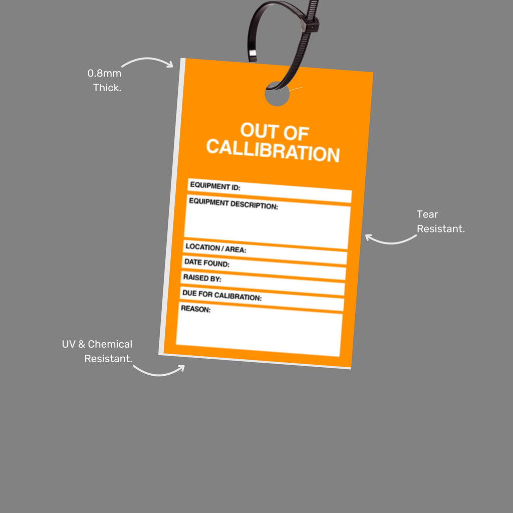 Close up of Out of Calibration Tag highlighting dual sided calibration record design, 0.8mm heavy duty PVC material, 8mm hole and 50 tags per pack