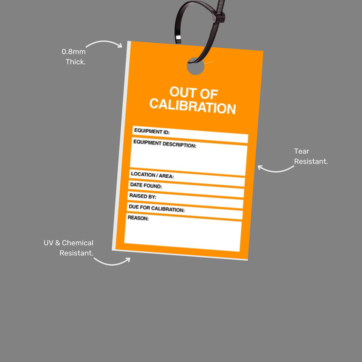 Close up of Out of Calibration Tag highlighting dual sided calibration record design, 0.8mm heavy duty PVC material, 8mm hole and 50 tags per pack