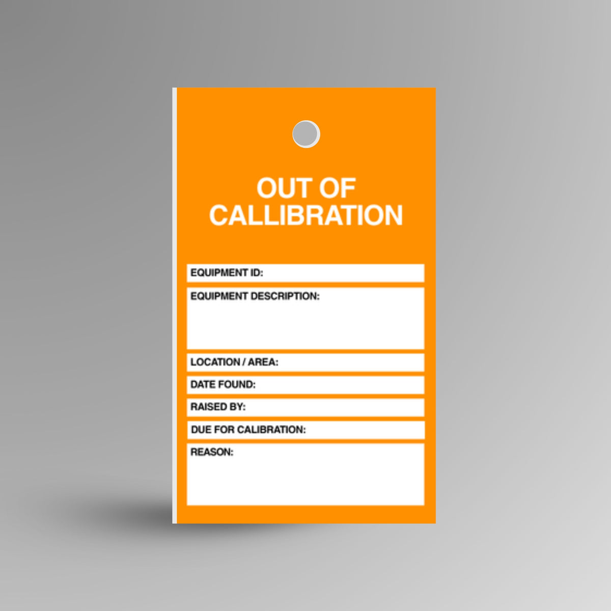 HDT 011 Out of Calibration Tag standing upright showing orange front face with Out of Calibration header, Do Not Use Until Recalibrated warning and equipment detail fields