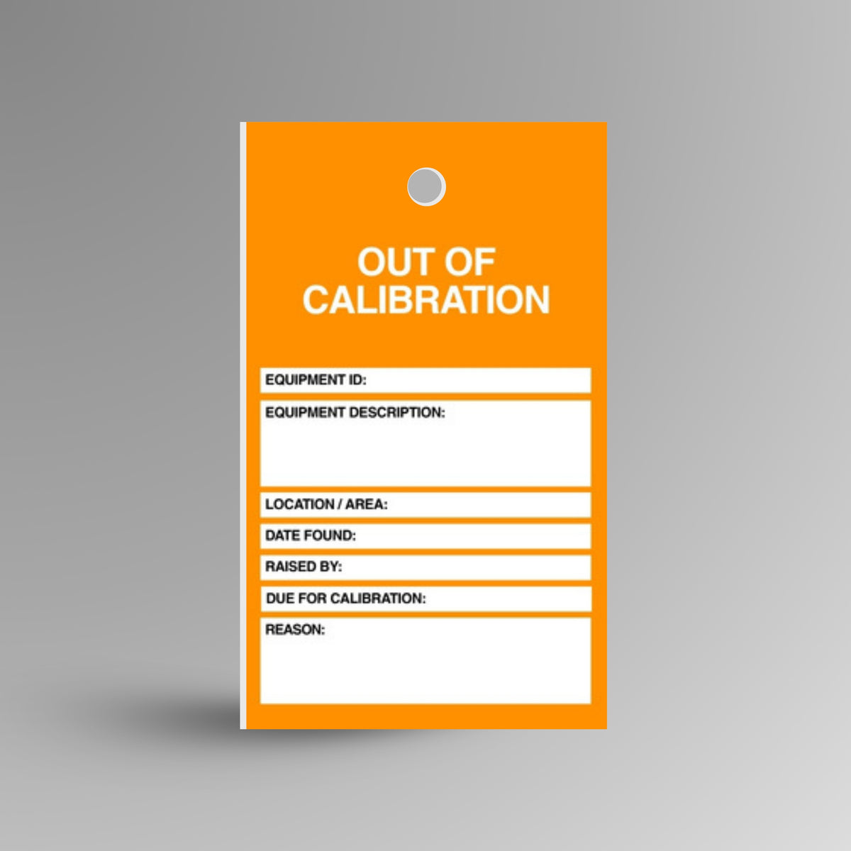 HDT 011 Out of Calibration Tag standing upright showing orange front face with Out of Calibration header, Do Not Use Until Recalibrated warning and equipment detail fields
