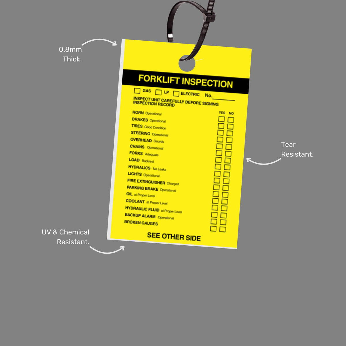 Close up of Forklift Inspection Tag highlighting comprehensive checklist coverage, 0.8mm heavy duty PVC material, 8mm hole and 50 tags per pack