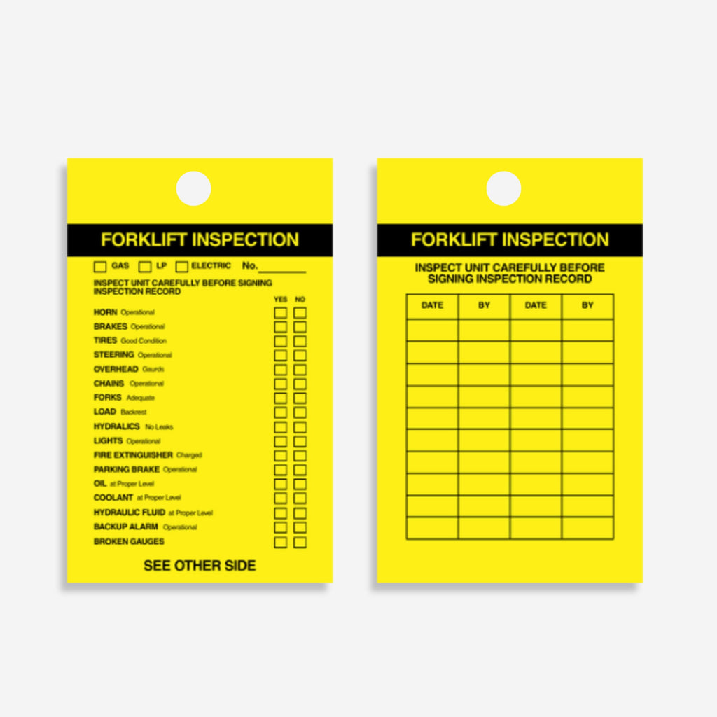 Forklift Inspection Tag laid flat showing front checklist face covering tyres, brakes, lights and forks, and back face with inspection record fields, 8mm hole and 75 x 140mm PVC construction