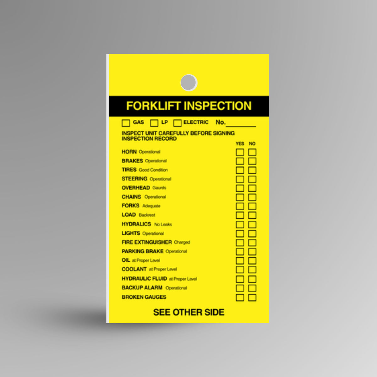 HDT 013 Forklift Inspection Tag standing upright showing yellow front face with Forklift Inspection header and comprehensive inspection checklist fields