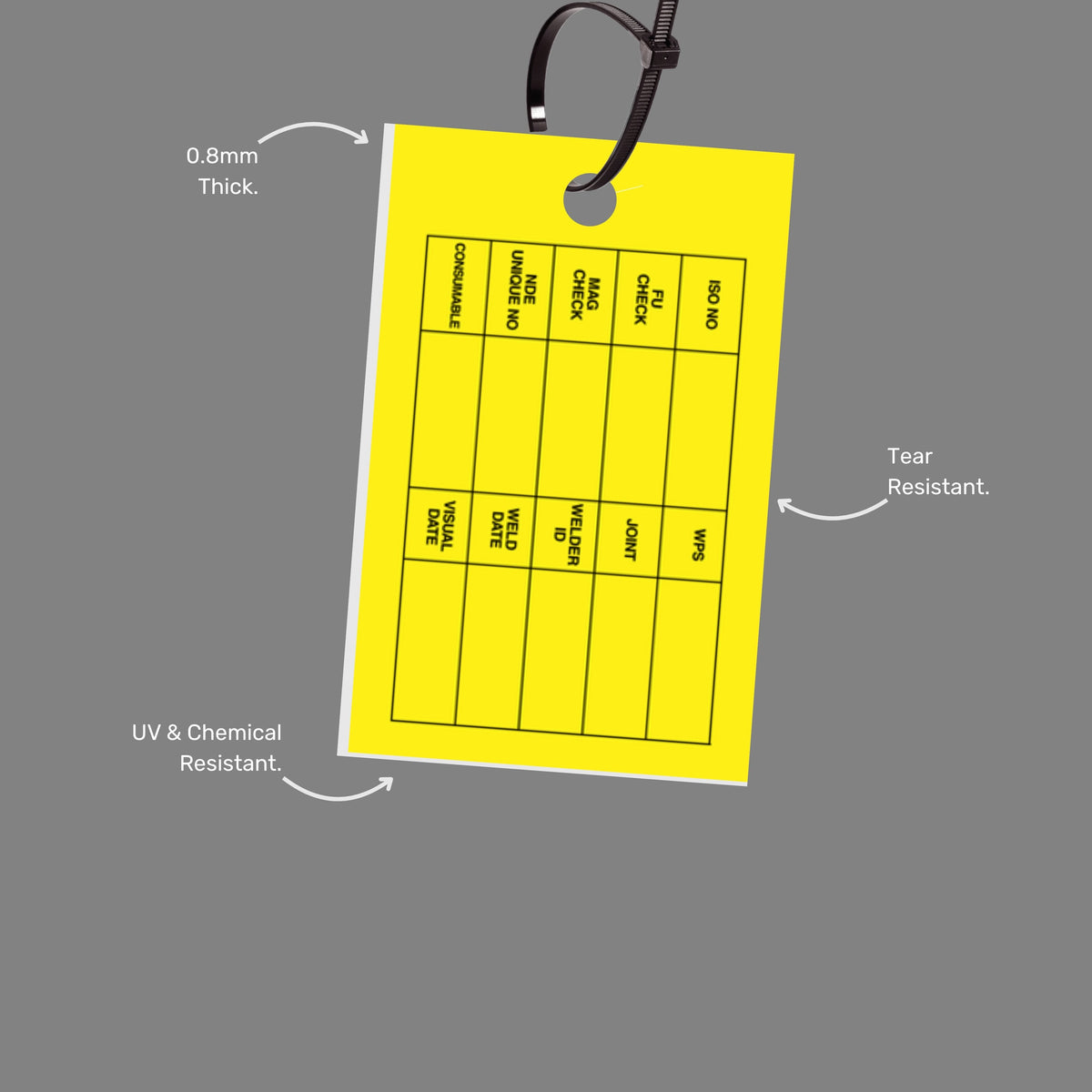 Close up of Welding ID Tag highlighting grid record format, 0.8mm heavy duty PVC material, 8mm hole and 50 tags per pack