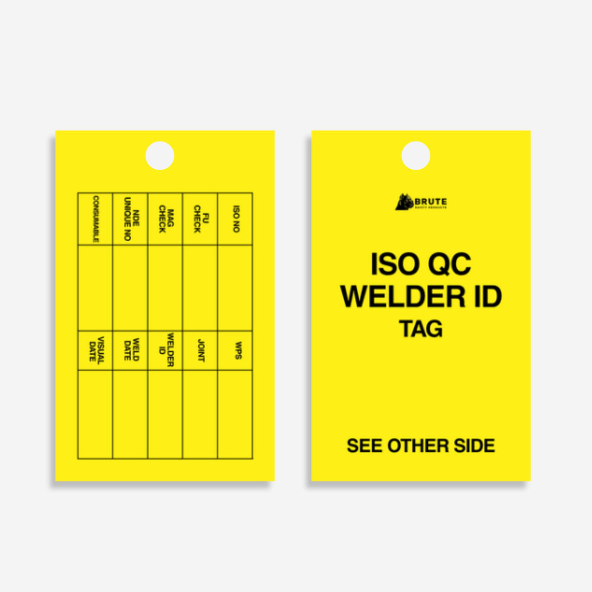 Welding ID Tag laid flat showing full grid format with weld detail, date and sign off columns, 8mm hole and 75 x 140mm heavy duty PVC construction