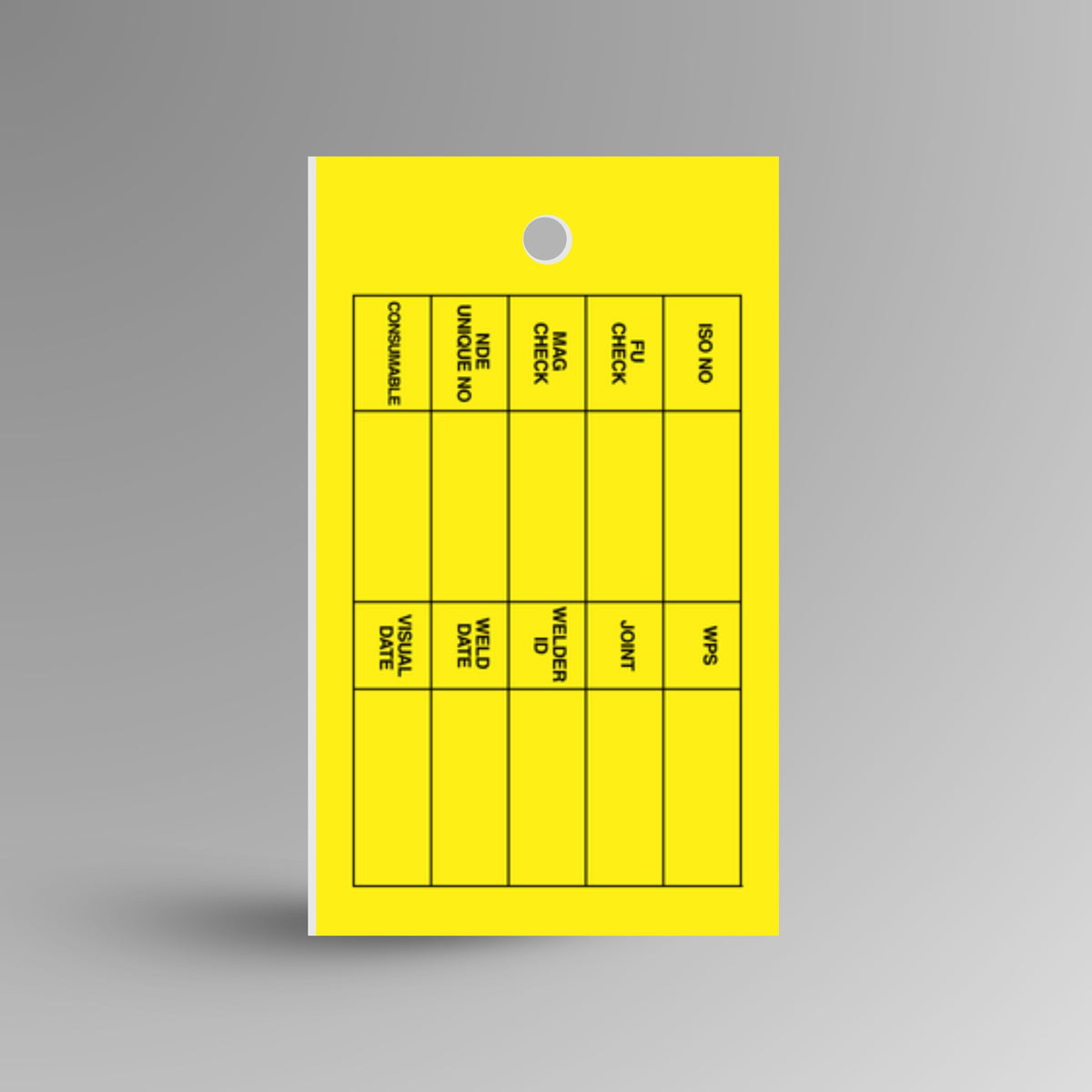 HDT 014 Welding ID Tag standing upright showing yellow front face with weld identification grid fields and Brute Safety Products branding