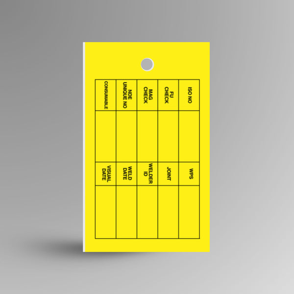 HDT 014 Welding ID Tag standing upright showing yellow front face with weld identification grid fields and Brute Safety Products branding
