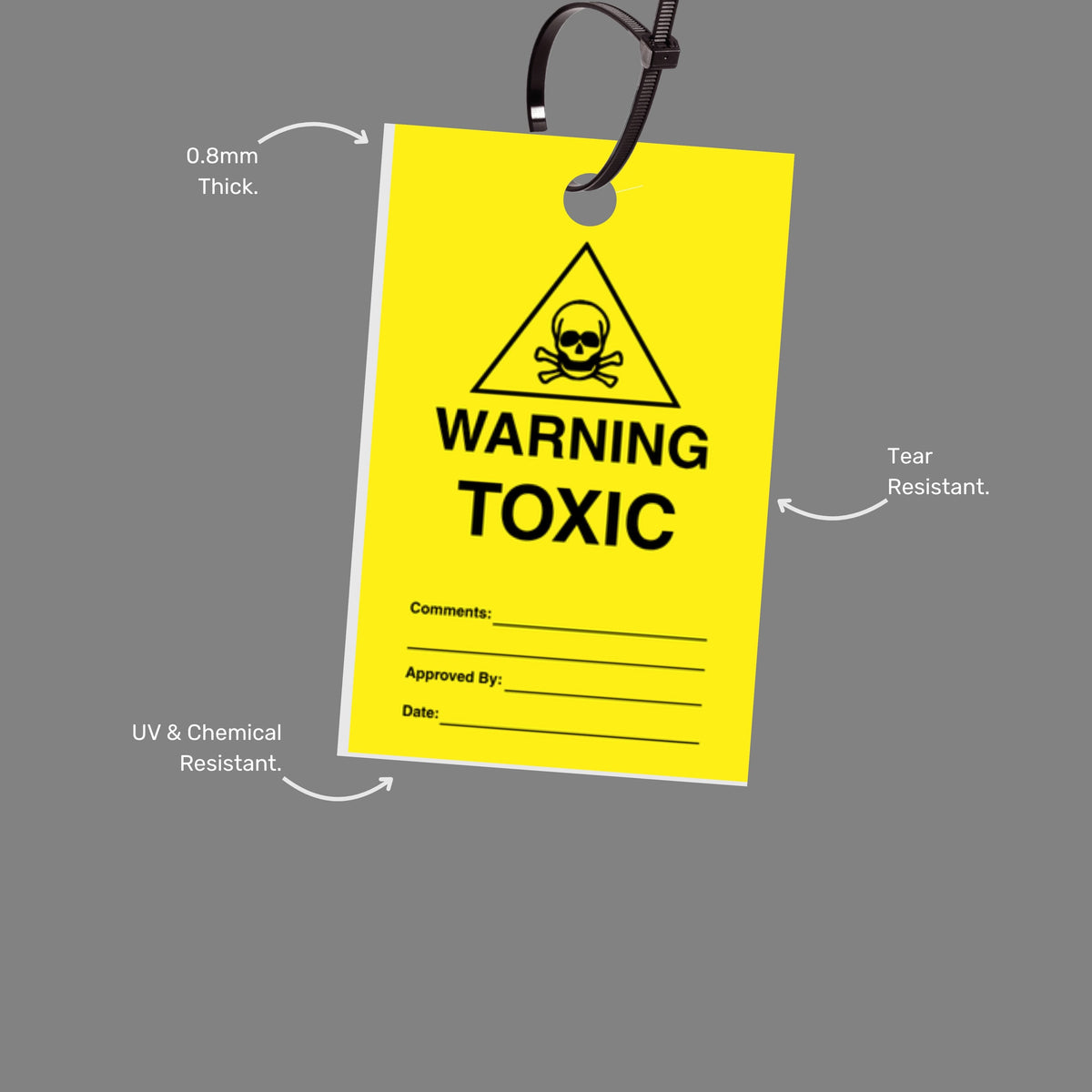 HDT 015 Warning Toxic safety tag with features highlighted including heavy duty PVC material, 8 mm attachment hole, and pack of 50 quantity