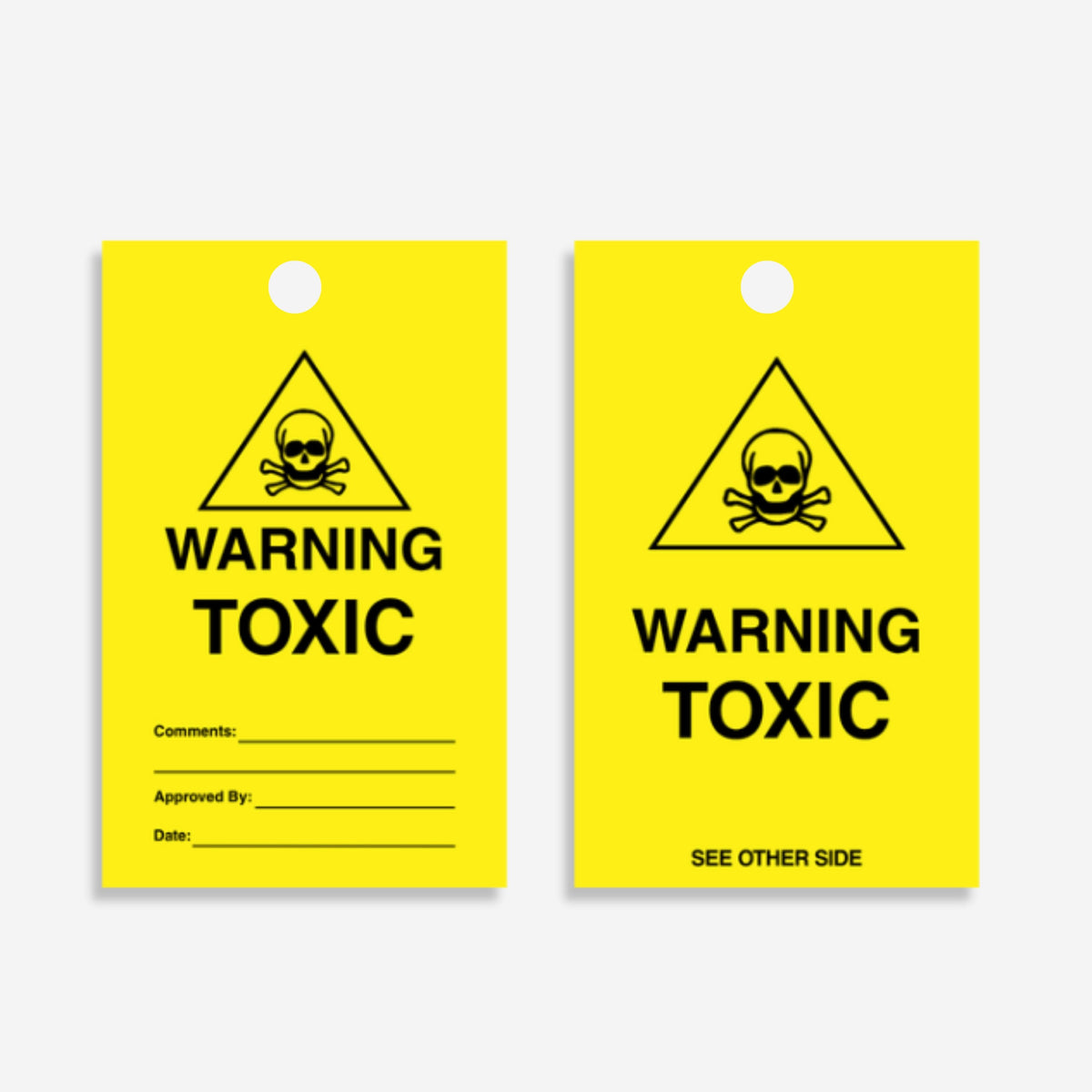 HDT 015 Warning Toxic safety tag laid flat showing full 140 x 75 mm dimensions, 8 mm hole, and 0.8 mm heavy duty PVC construction